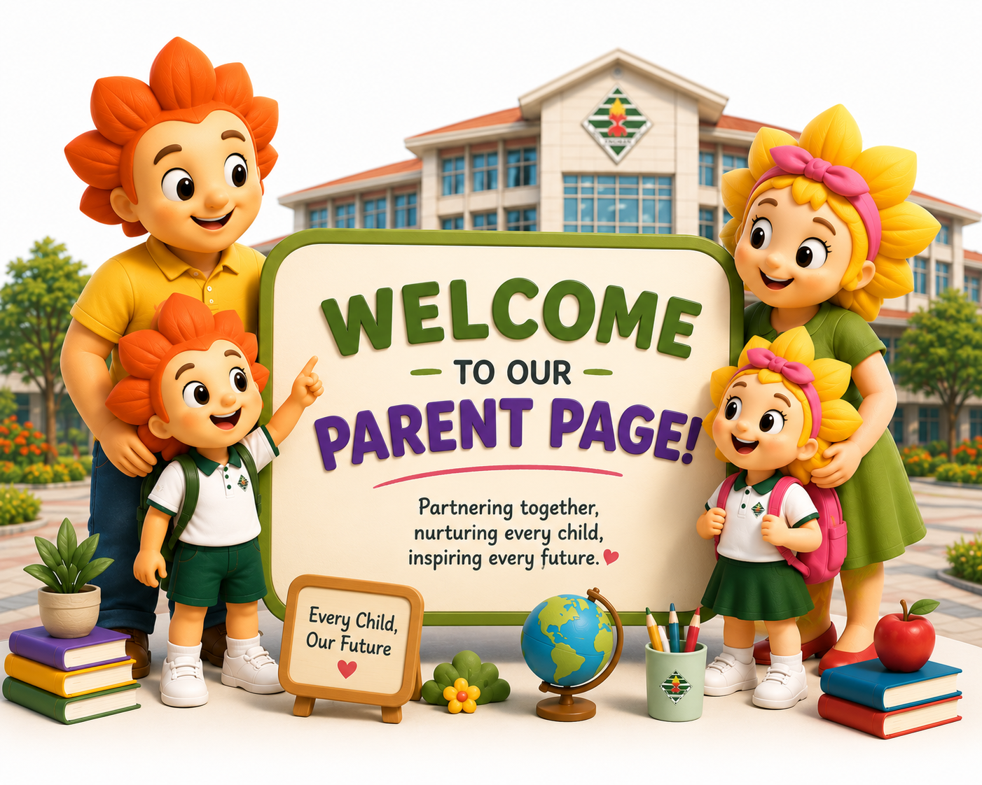 Two cartoon parents and kids by a school sign reading Welcome to our Parent Page, with books and globe.